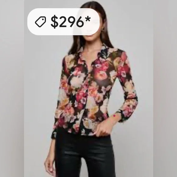 Vibrant Button Down Semi Sheer Floral Blouse - Black, Pink, Blue Sz S - Picture 6 of 6